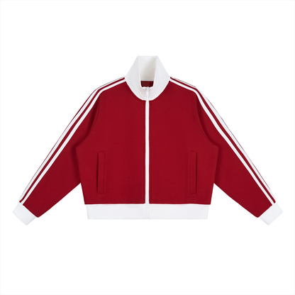 Contrast Side Stripe Fleece Cropped Track Jacket