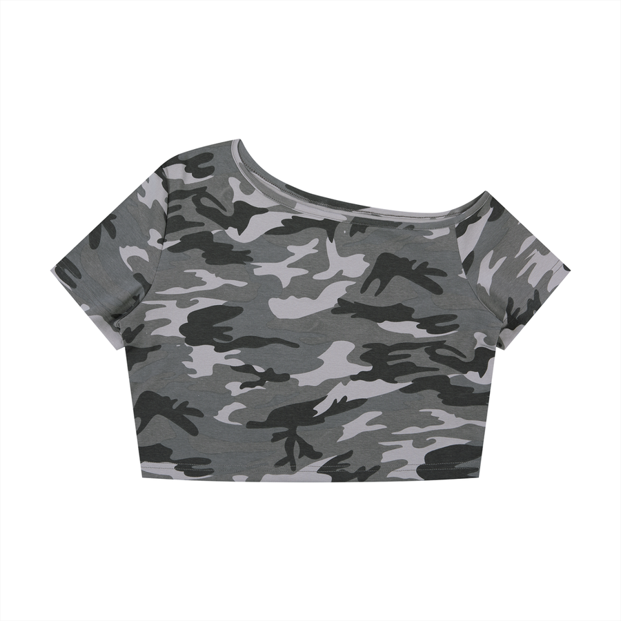 Waran Women’s Camo Off-Shoulder Crop T-Shirt
