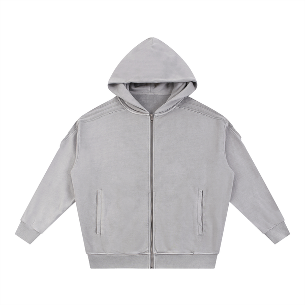 Sweat à capuche zippé à bord brut effet délavé neige 420 GSM