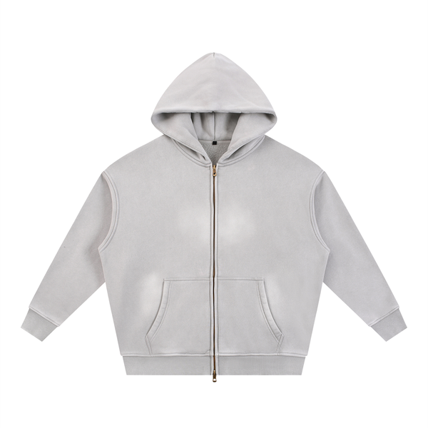 Sweat à capuche ample en molleton avec fermeture éclair bidirectionnelle et effet délavé