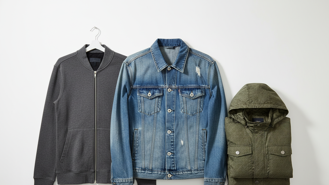 Three jackets: a gray zip-up, a blue denim jacket, and an olive green hooded jacket, hang in rack on a white background.