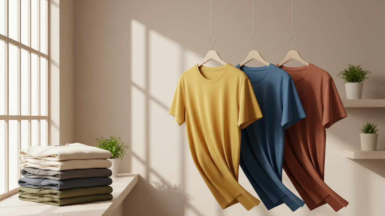 Four colorful t-shirts hanging on hangers against a neutral wall with sunlight casting shadows.